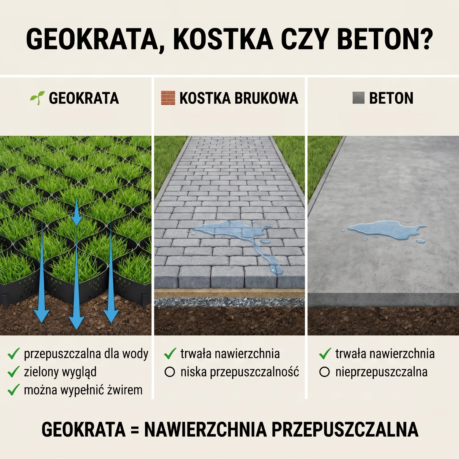 Porównanie podjazdu z kostki brukowej i podjazdu wykonanego z kratki trawnikowej wypełnionej trawą.